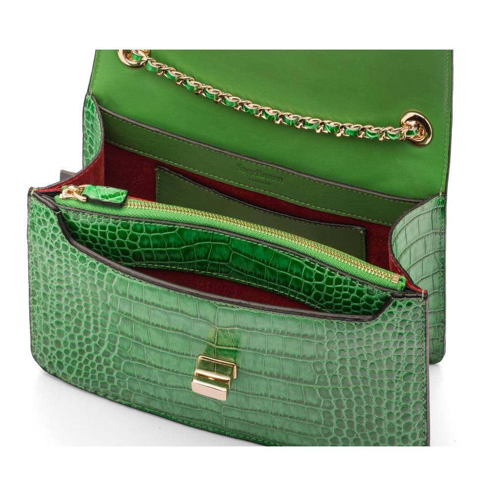 Leather chain bag, emerald croc, inside