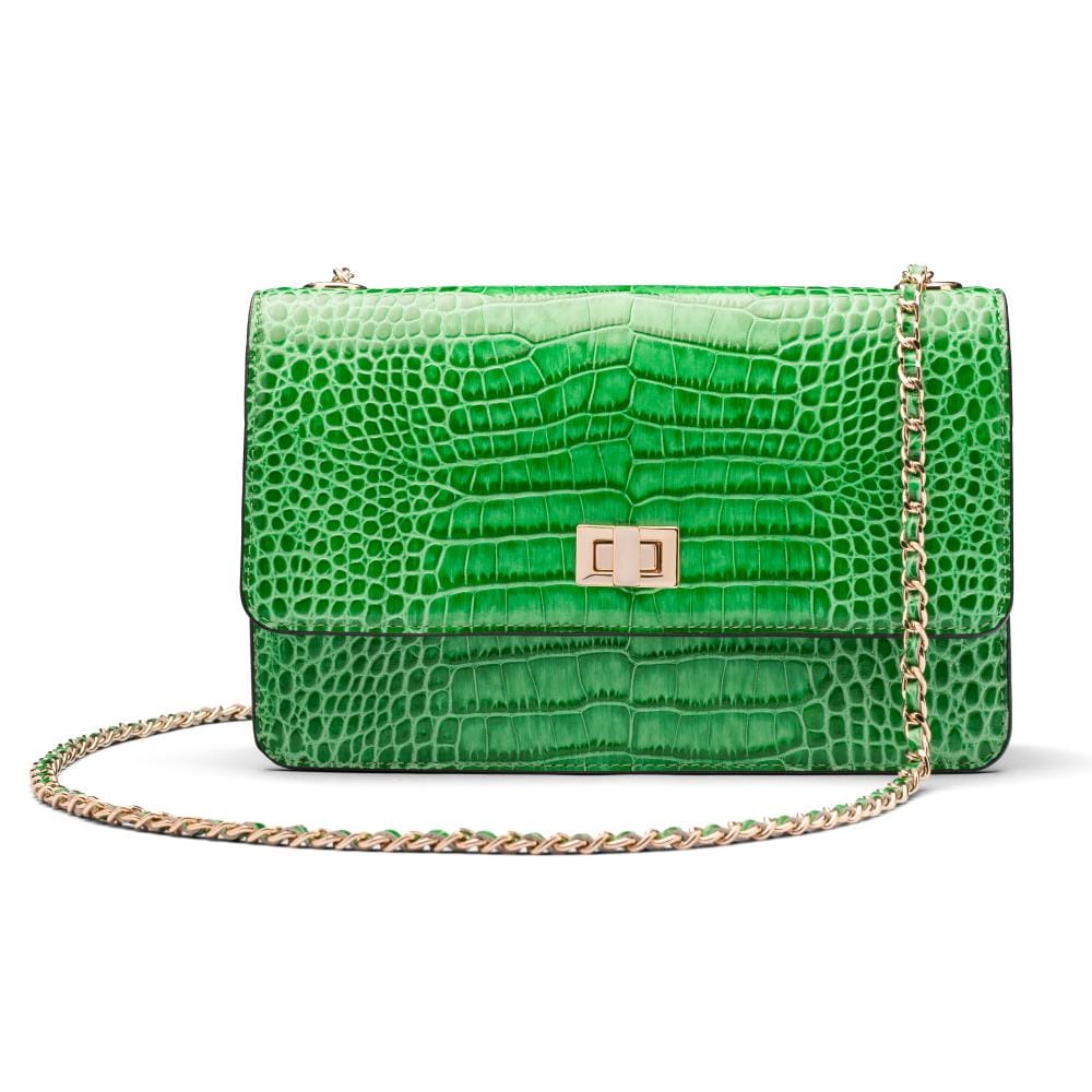 Leather chain bag, emerald croc, front