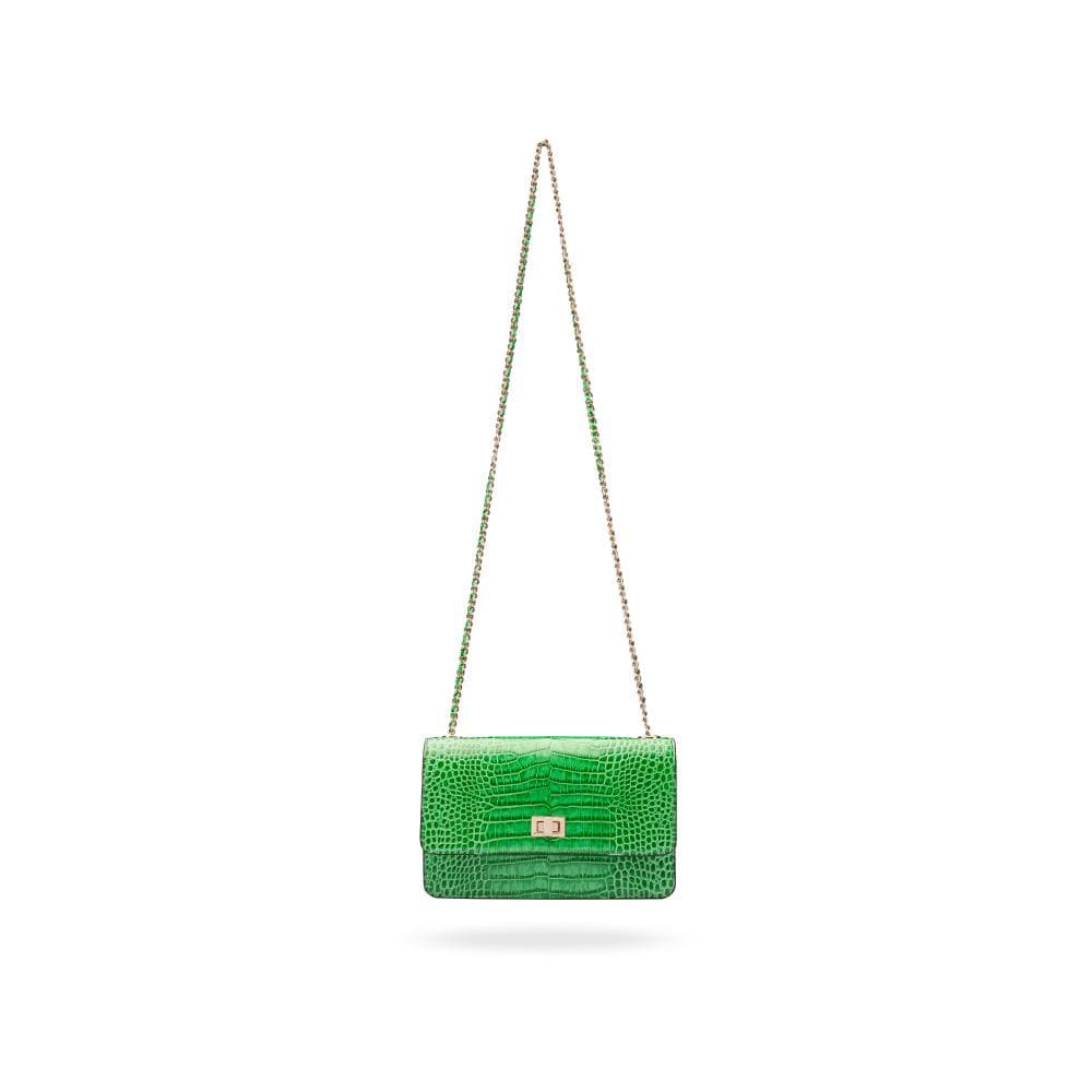 Leather chain bag, emerald croc, with long chain strap