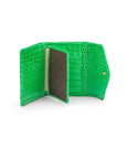 Large leather purse with 15 CC, emerald croc, inside