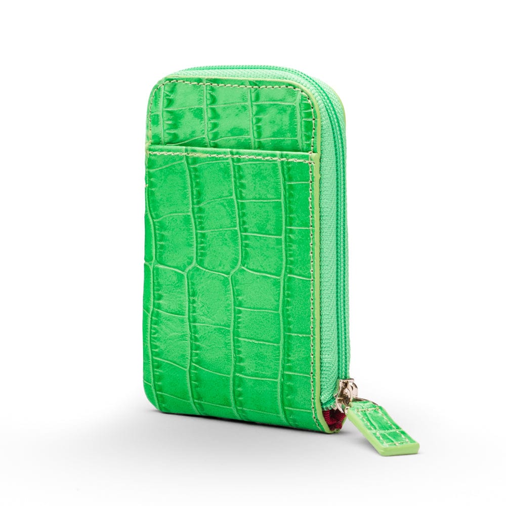 Leather card case with zip, emerald croc, front view