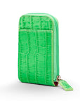 Leather card case with zip, emerald croc, front view