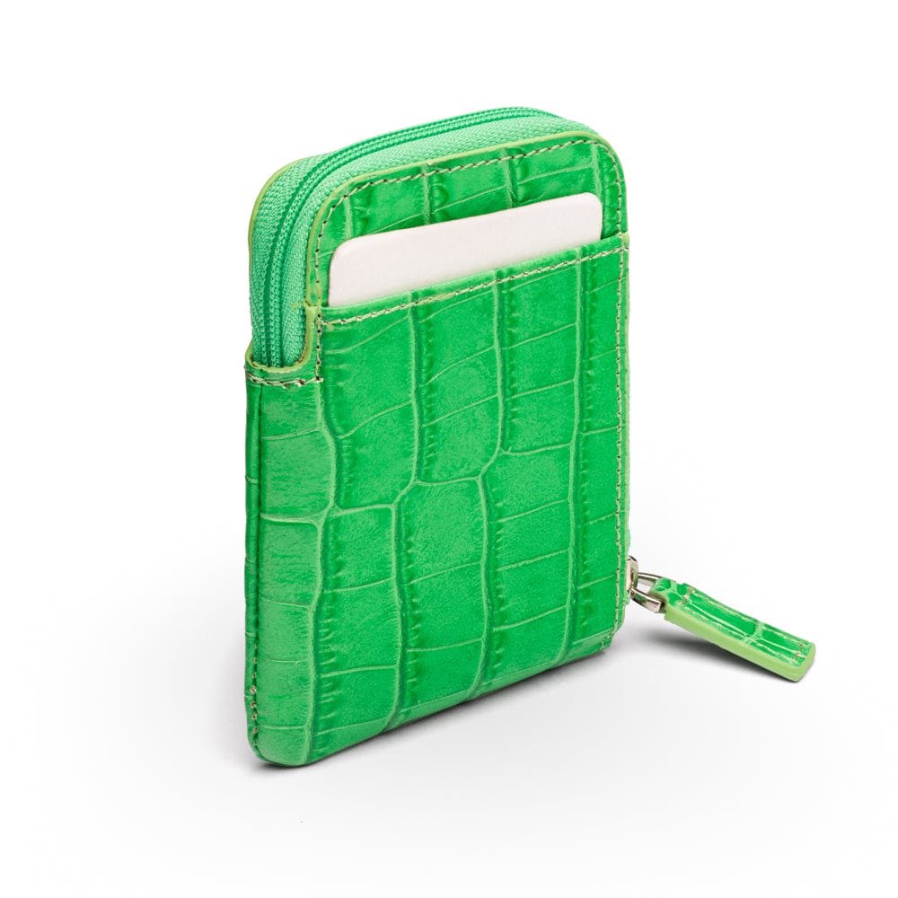Leather card case with zip, emerald croc, back