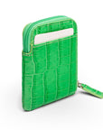 Leather card case with zip, emerald croc, back