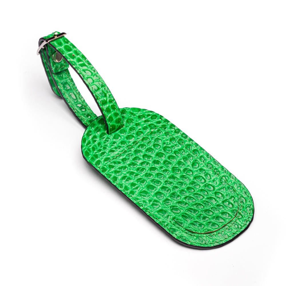 Leather luggage tag, emerald green croc, front