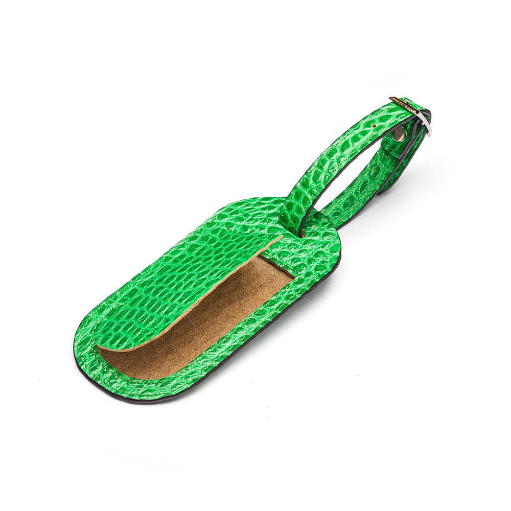 Leather luggage tag, emerald green croc, front open