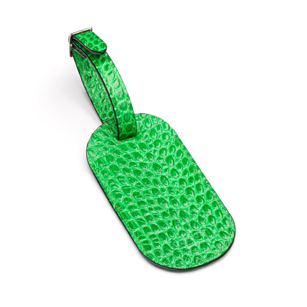 Leather luggage tag, emerald green croc, back