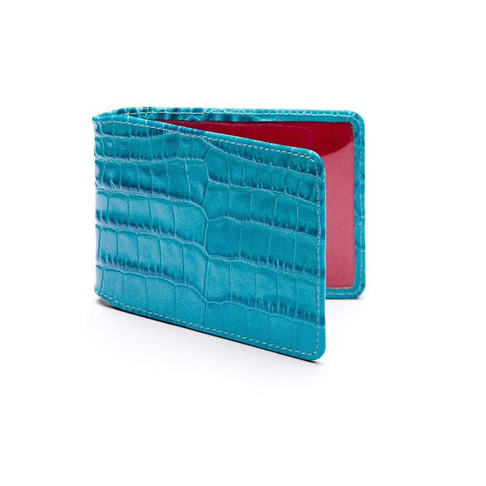 Leather Oyster card holder,turquoise croc, front