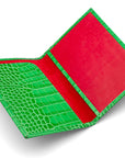 Luxury leather passport cover, emerald croc, open