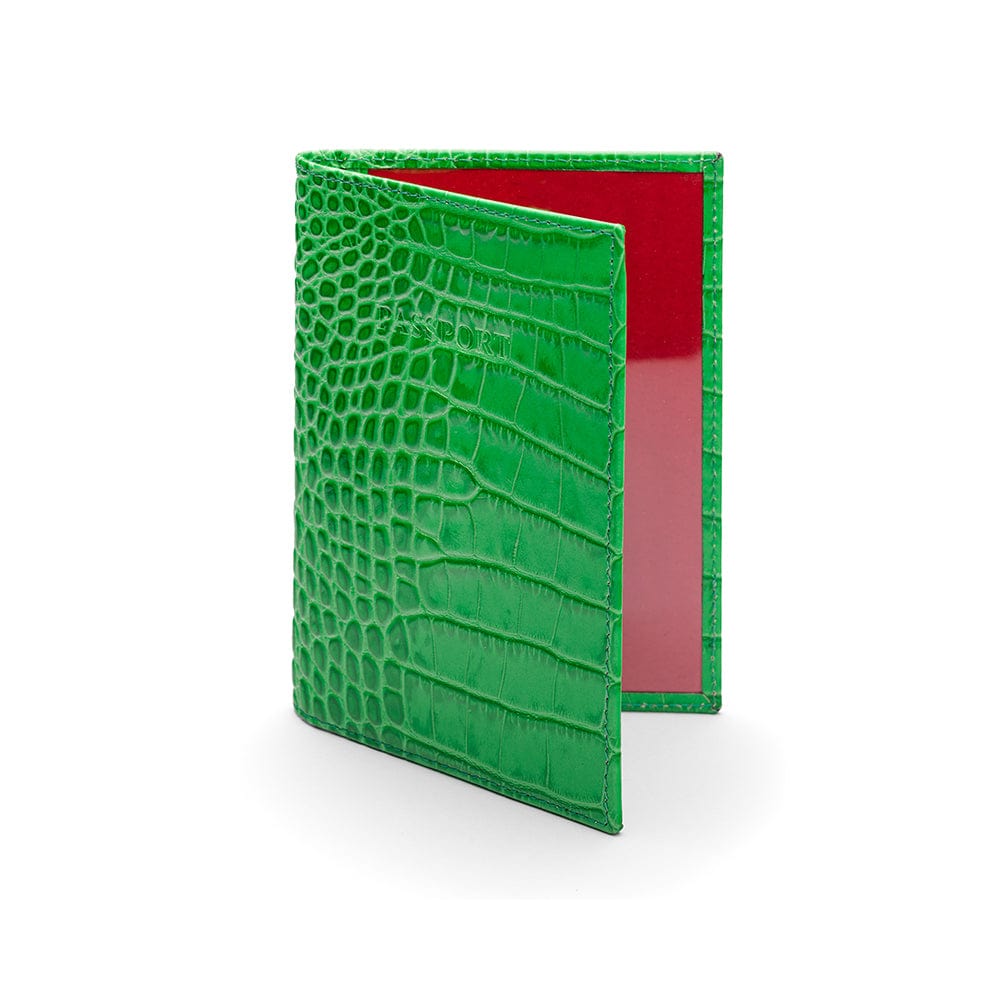 Luxury leather passport cover, emerald croc, front