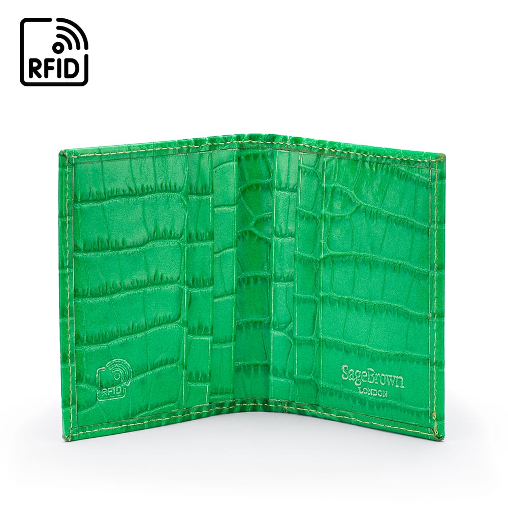 Premium Slim RFID Leather Credit Card Wallet, Emerald Croc Effect, inside