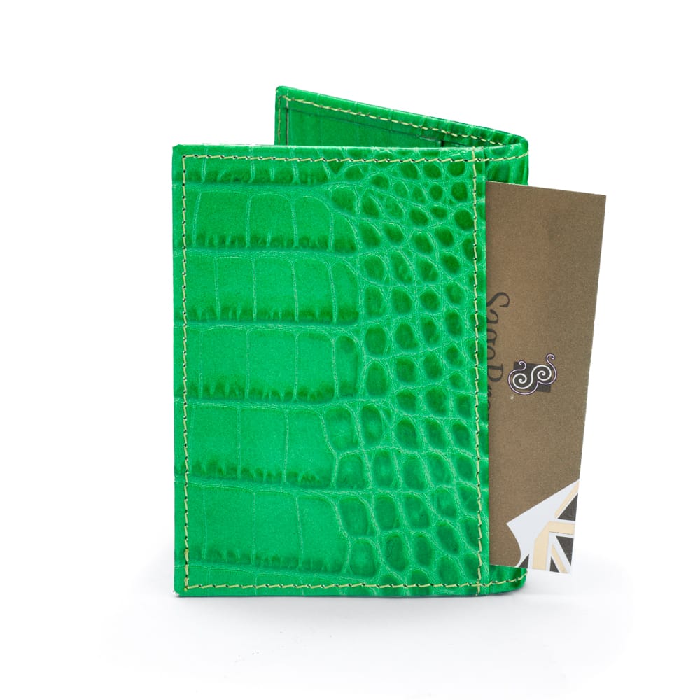 Premium Slim RFID Leather Credit Card Wallet, Emerald Croc Effect. back