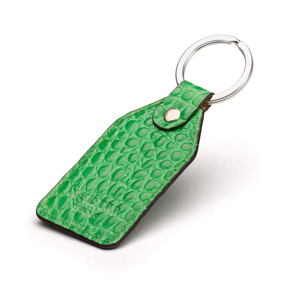 Rectangular leather key fob, emerald croc, back