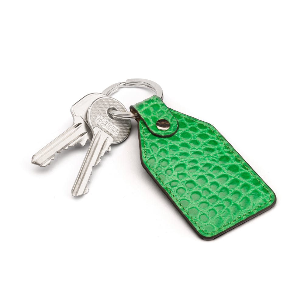 Rectangular leather key fob, emerald croc, front view