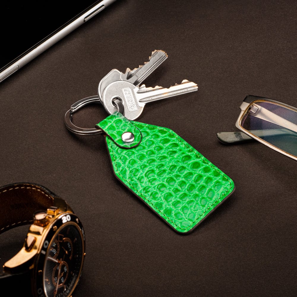 Rectangular leather key fob, emerald croc, lifestyle