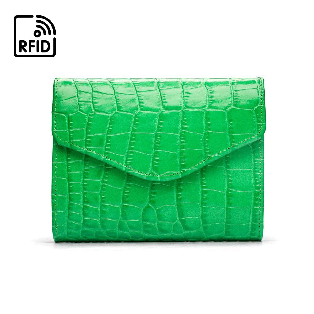 RFID Large leather purse with 15 CC, emerald croc, front