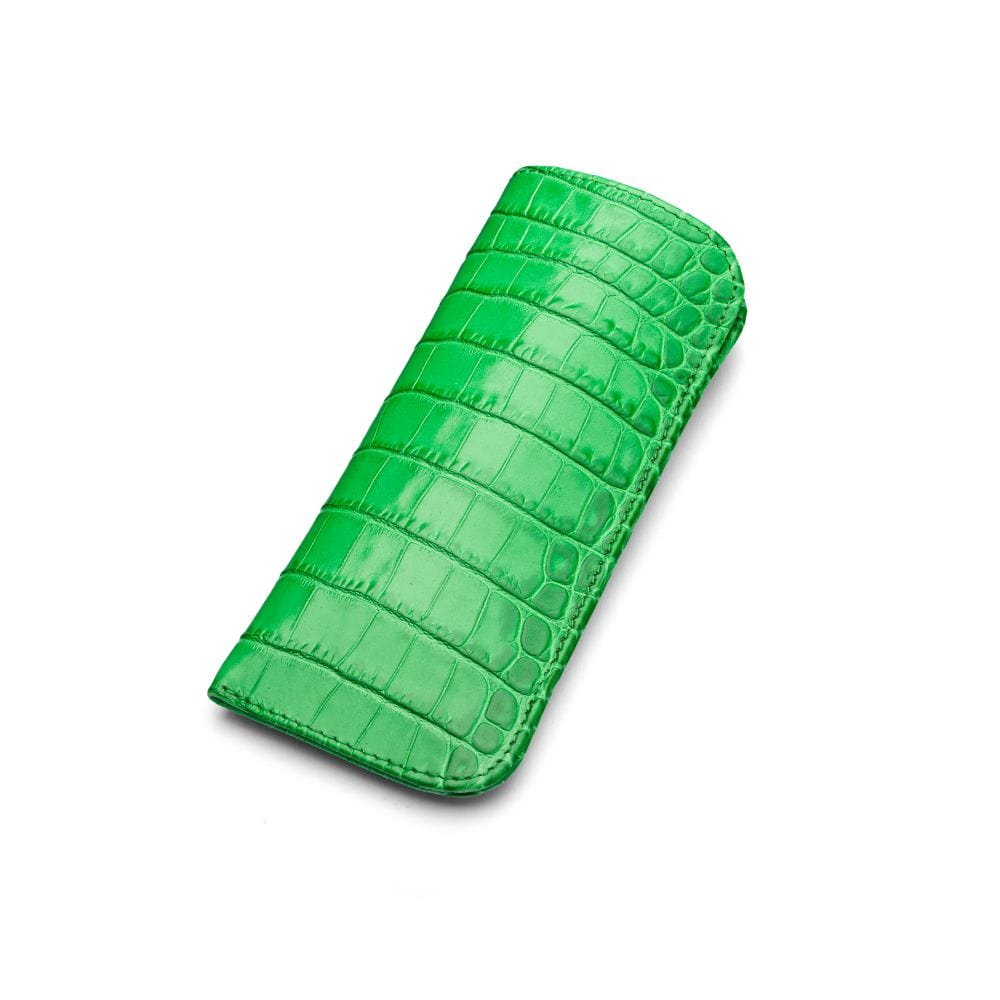 Small leather glasses case, emerald croc, front