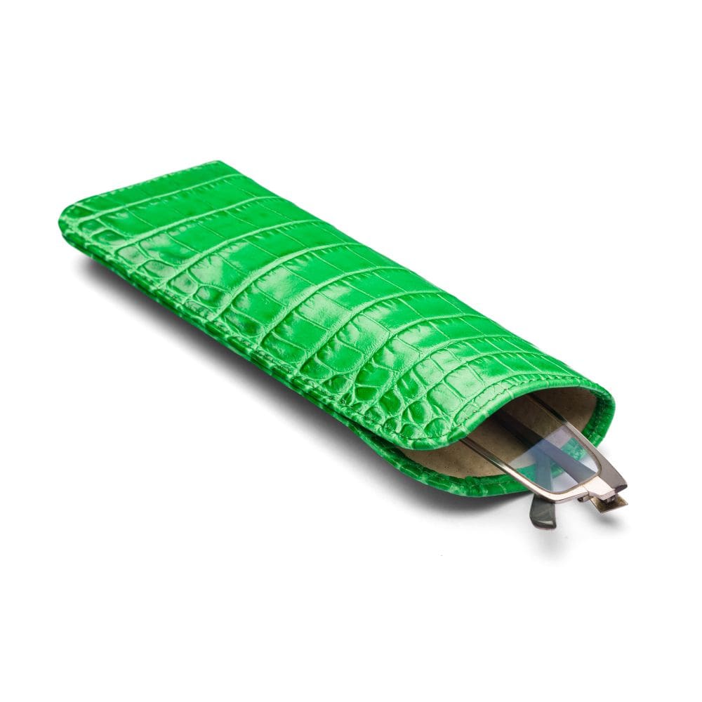 Small leather glasses case, emerald croc, inside