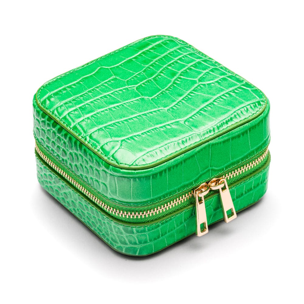 Leather travel jewellery case with zip, emerald croc, side view
