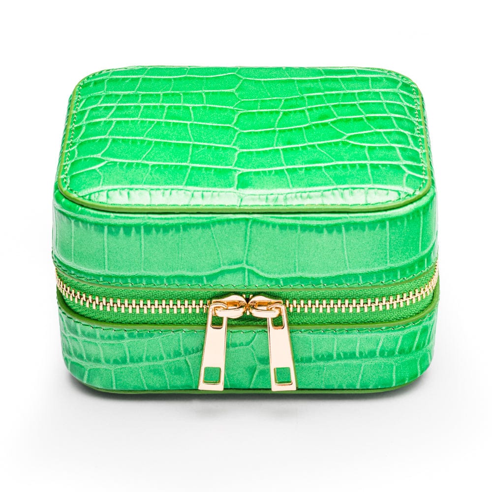 Leather travel jewellery case with zip, emerald croc, front