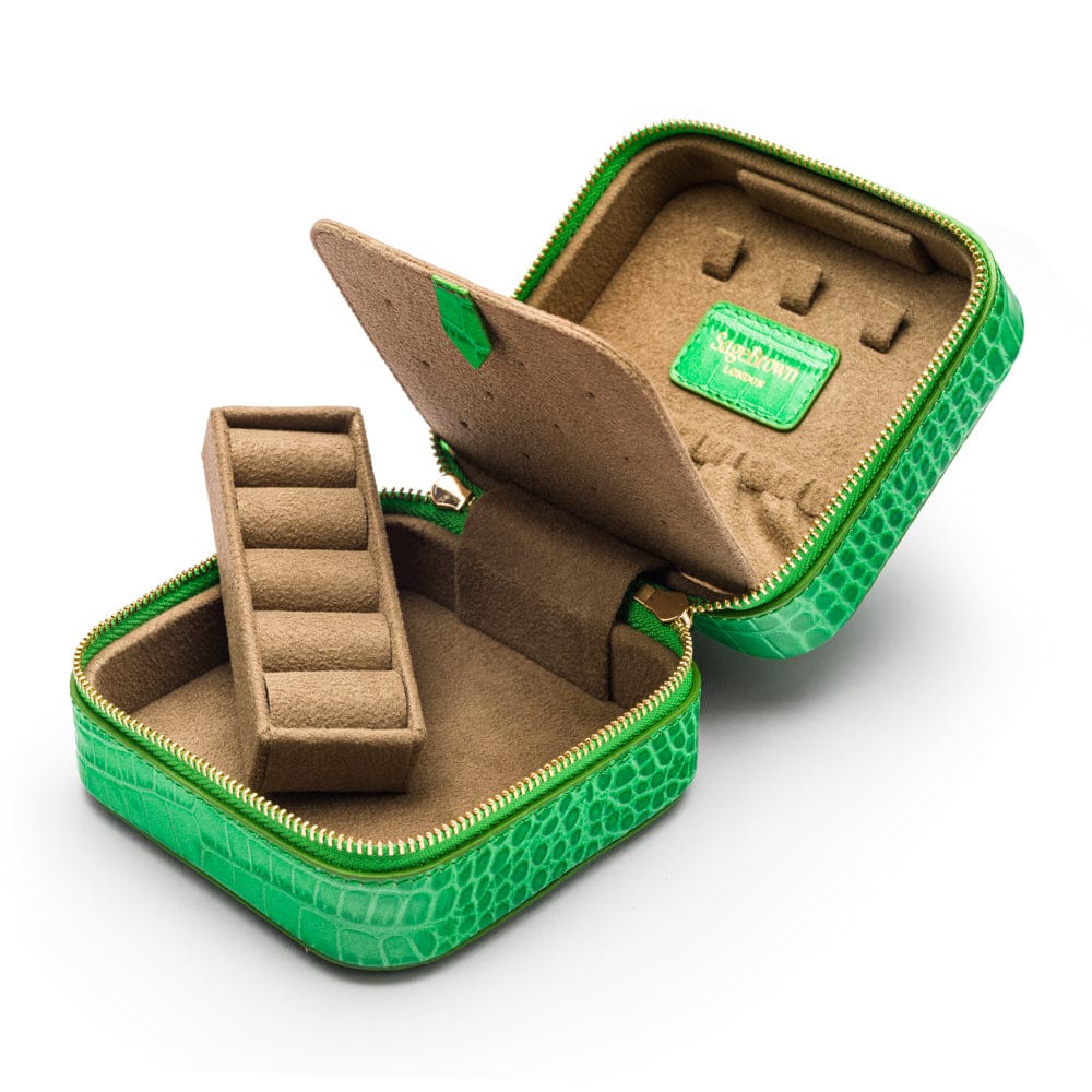 Leather travel jewellery case with zip, emerald croc, inside