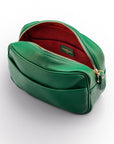 Leather cross body camera bag, emerald green, front inside