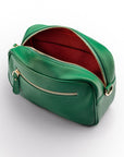 Leather cross body camera bag, emerald green, back inside