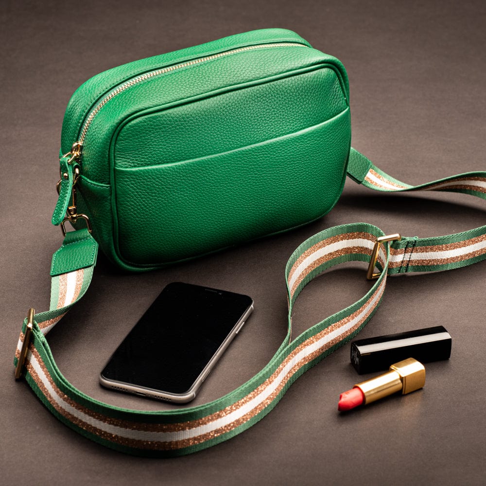 Leather cross body camera bag, emerald green, lifestyle