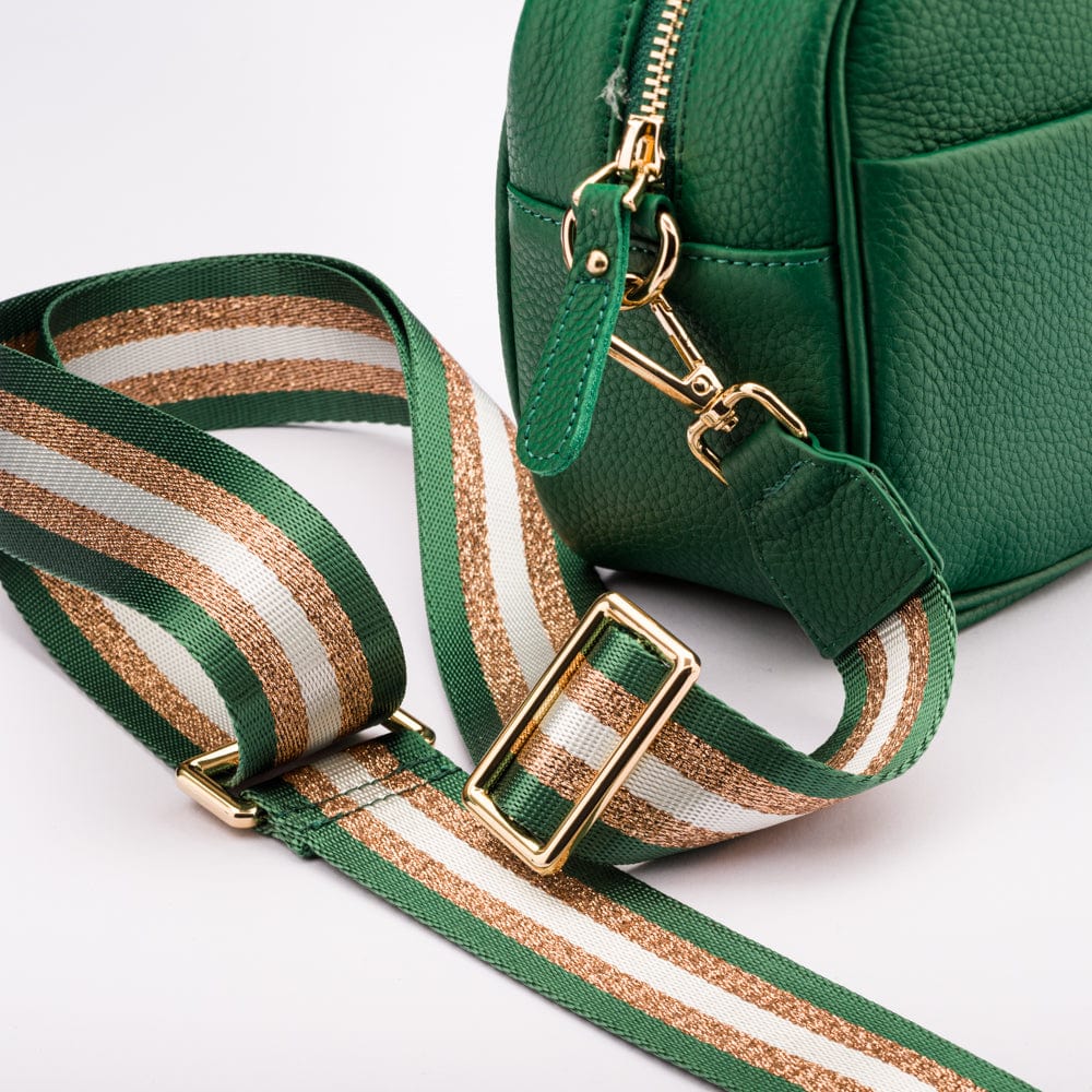 Leather cross body camera bag, emerald green, strap