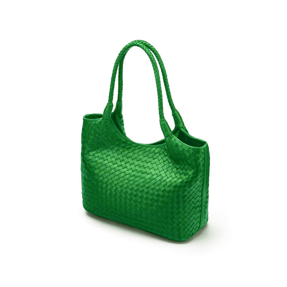 Woven leather shoulder bag, emerald green, side
