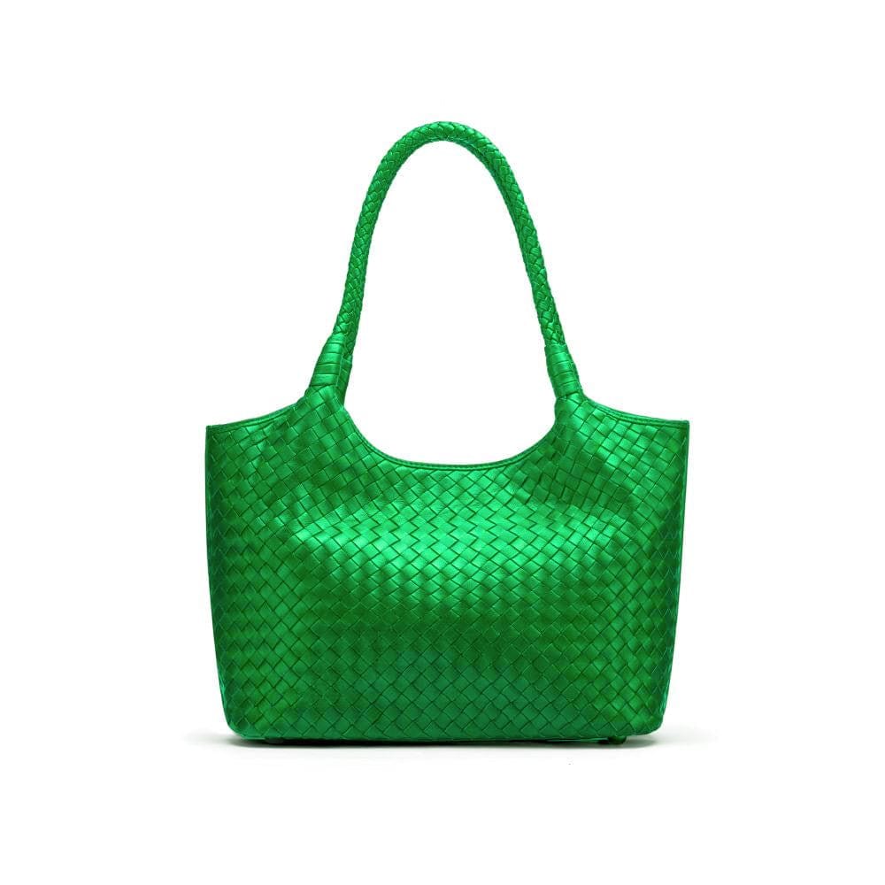 Woven leather shoulder bag, emerald green, front view