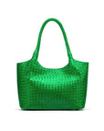 Woven leather shoulder bag, emerald green, front view