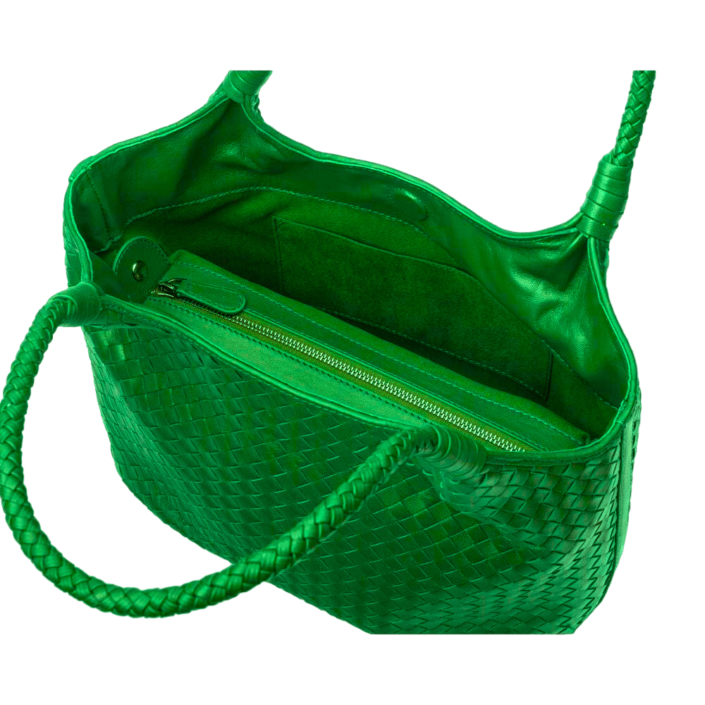 Woven leather shoulder bag, emerald green, inside