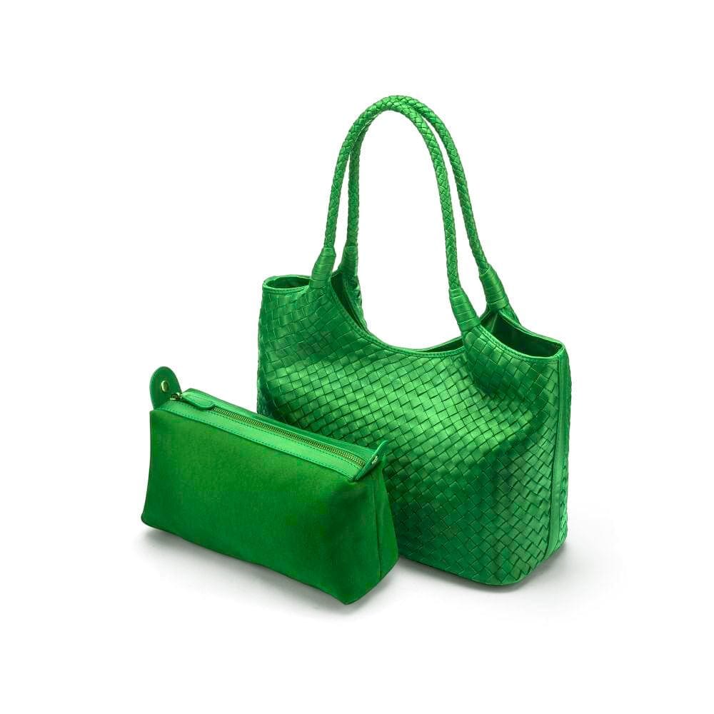 Woven leather shoulder bag, emerald green, with inner bag