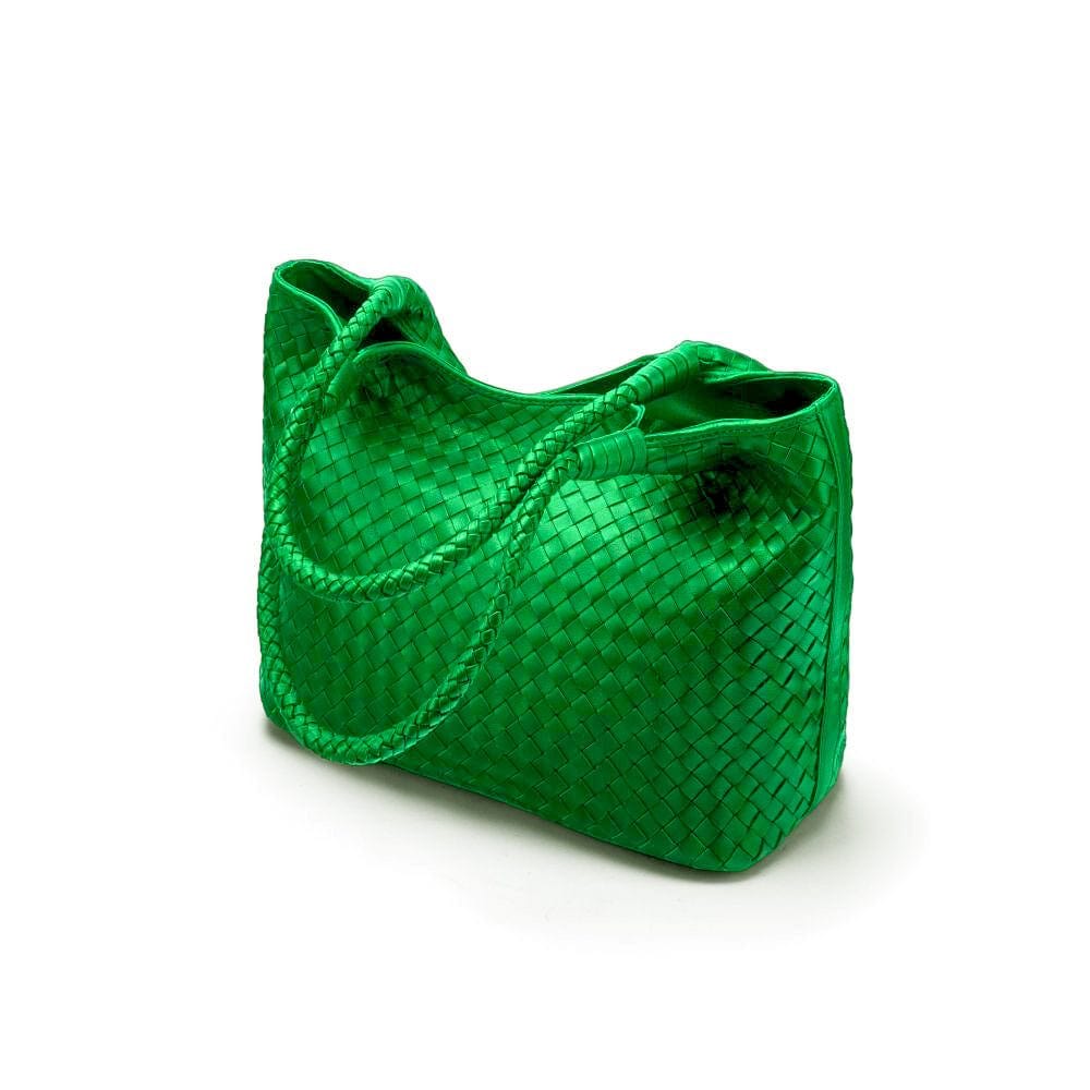 Woven leather shoulder bag, emerald green, side view