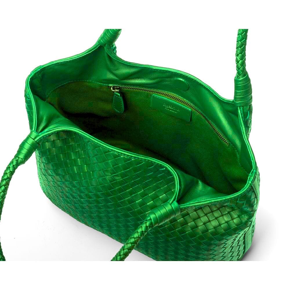 Woven leather shoulder bag, emerald green, inside without inner bag