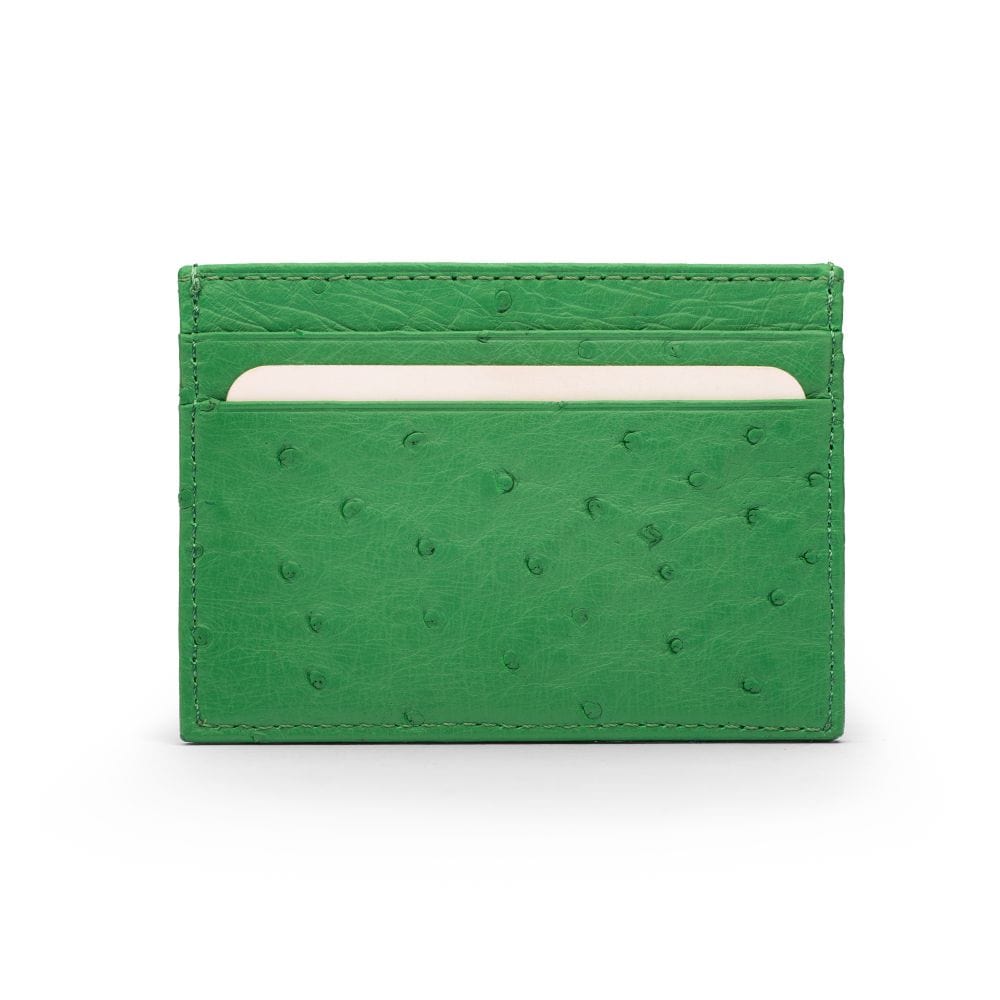 Flat ostrich leather credit card case, emerald green ostrich leather, front
