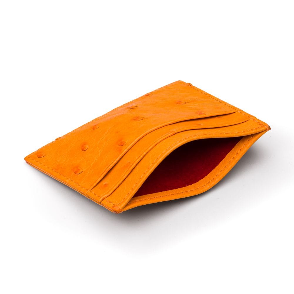 Flat ostrich leather credit card case, orange ostrich leather, front
