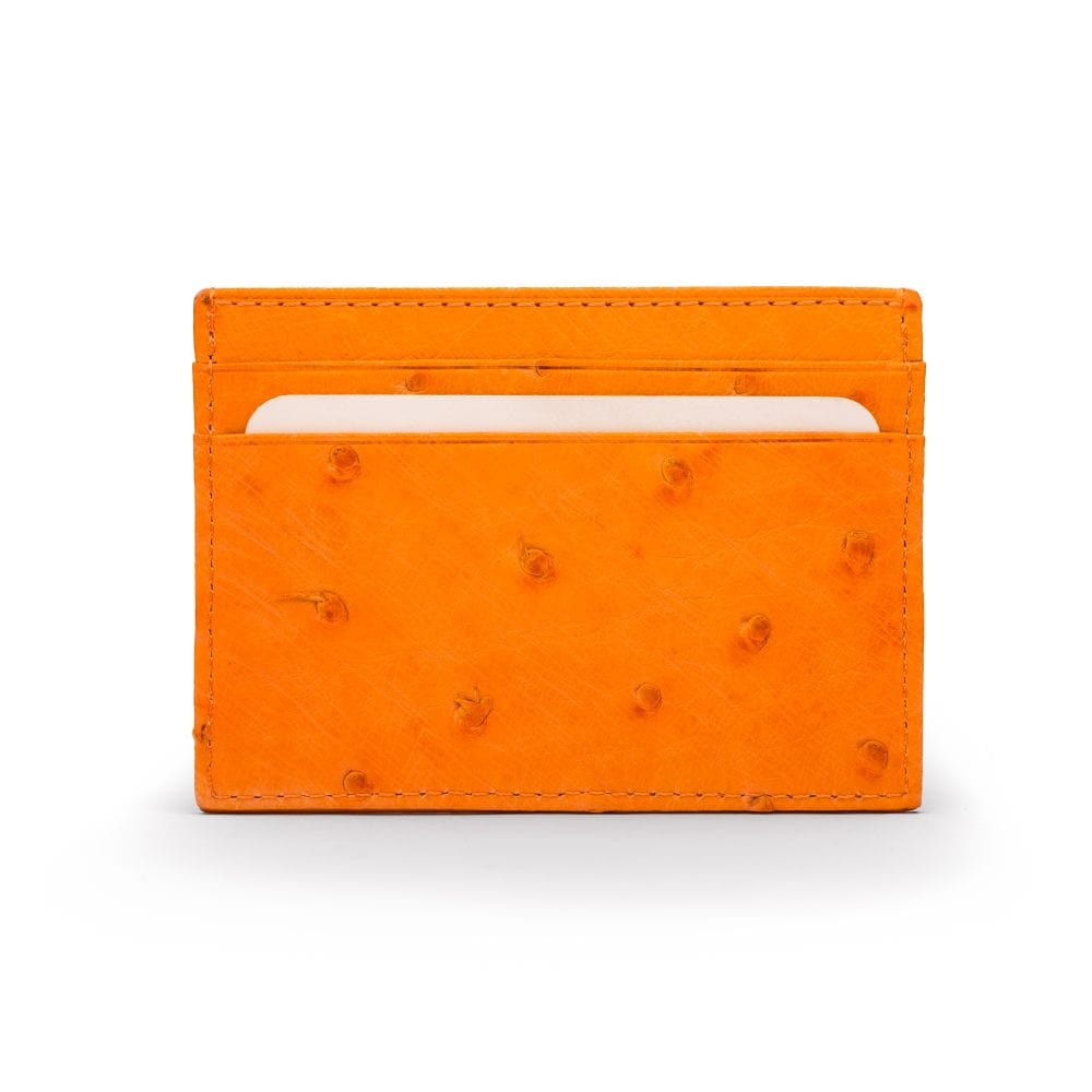 Flat ostrich leather credit card case, orange ostrich leather, front