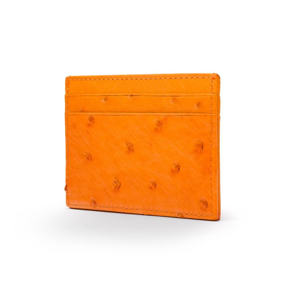 Flat ostrich leather credit card case, orange ostrich leather, side
