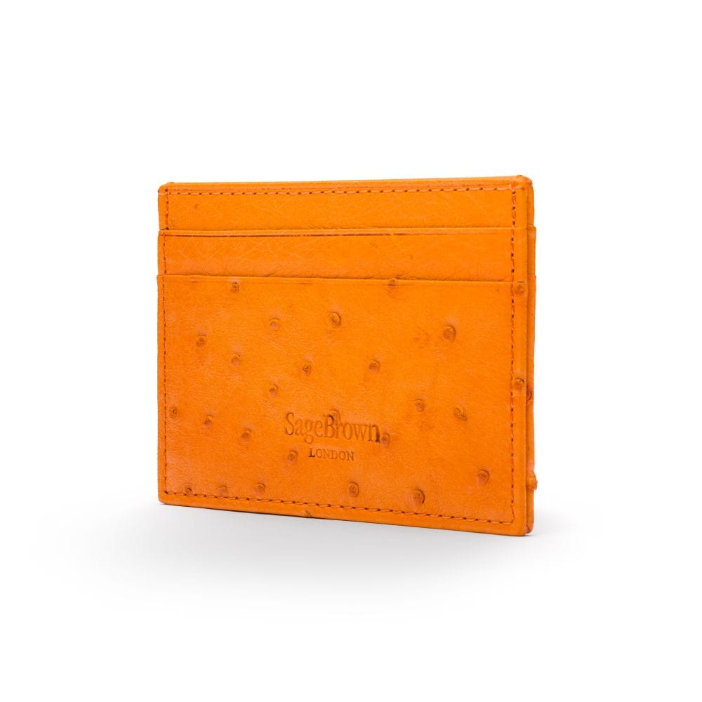 Flat ostrich leather credit card case, orange ostrich leather, back