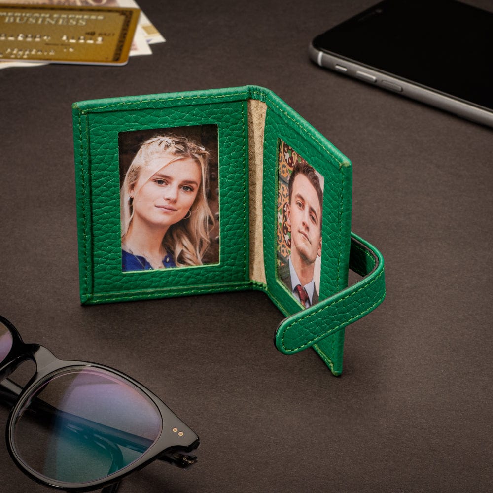 Mini leather passport photo frame, emerald green, 60 x 40mm, lifestyle