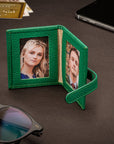 Mini leather passport photo frame, emerald green, 60 x 40mm, lifestyle