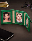 Mini leather trifold photo frame, green, 60 x 40mm, lifestyle