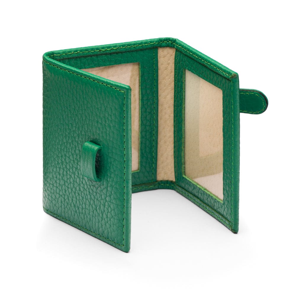 Mini leather trifold photo frame, green, 60 x 40mm, open
