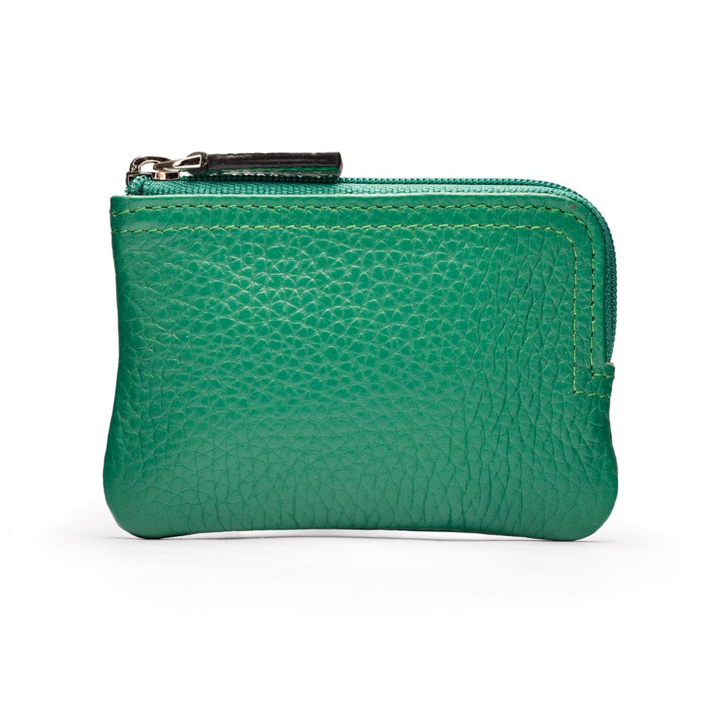 Small leather coin purse with key chain, emerald, front