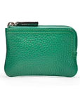 Small leather coin purse with key chain, emerald, front