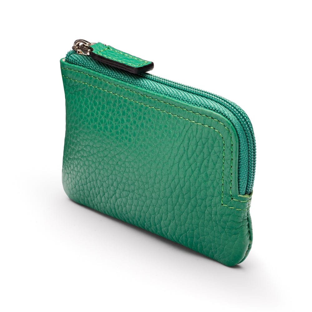 Small leather coin purse with key chain, emerald, side