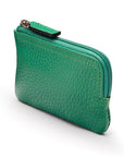 Small leather coin purse with key chain, emerald, side