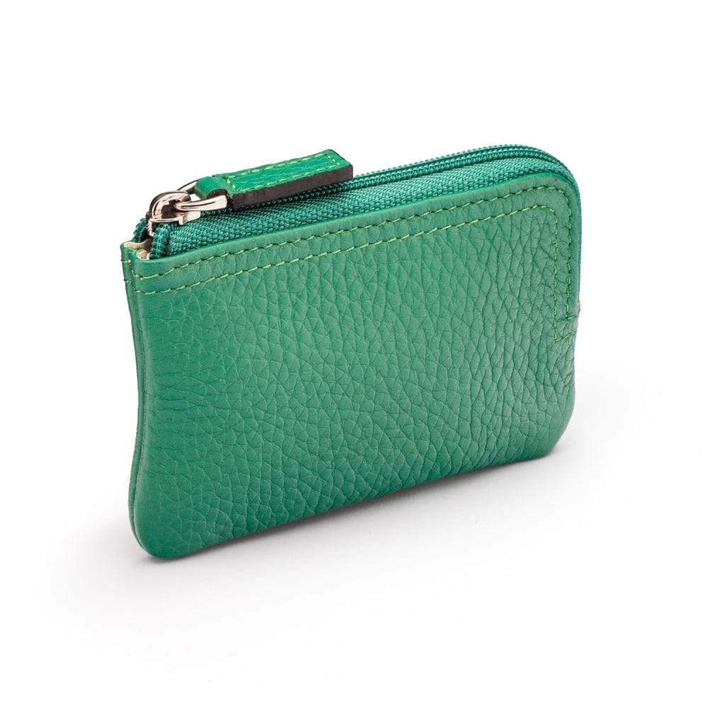 Small leather coin purse with key chain, emerald, top